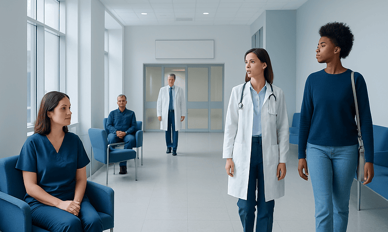Hospital waiting area with medical staff and patients.