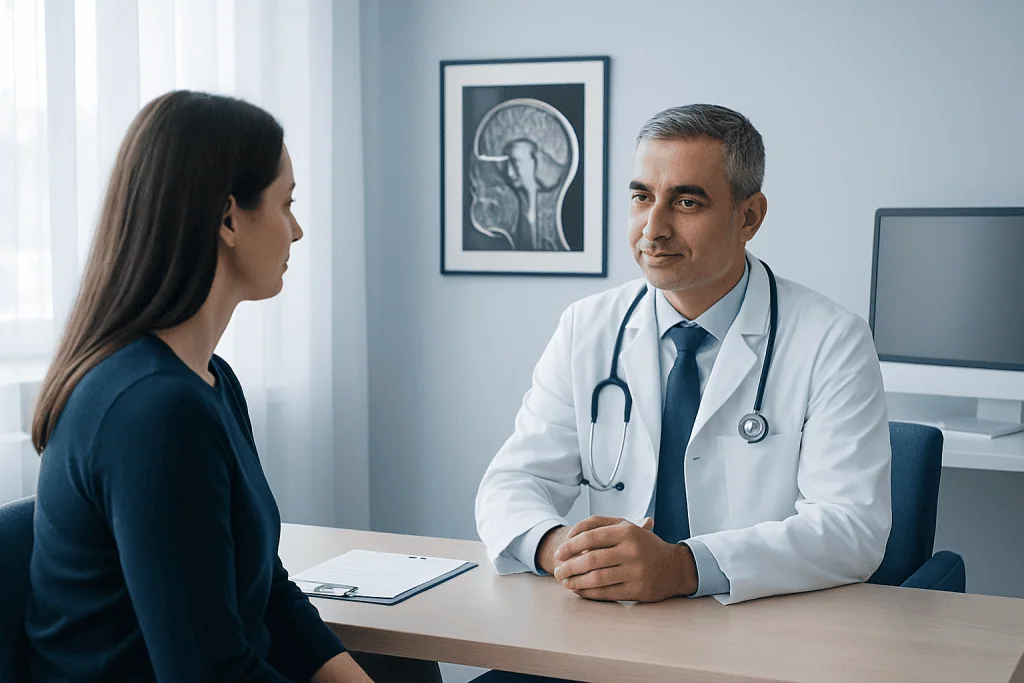 Doctor consulting with a female patient in a medical office.
