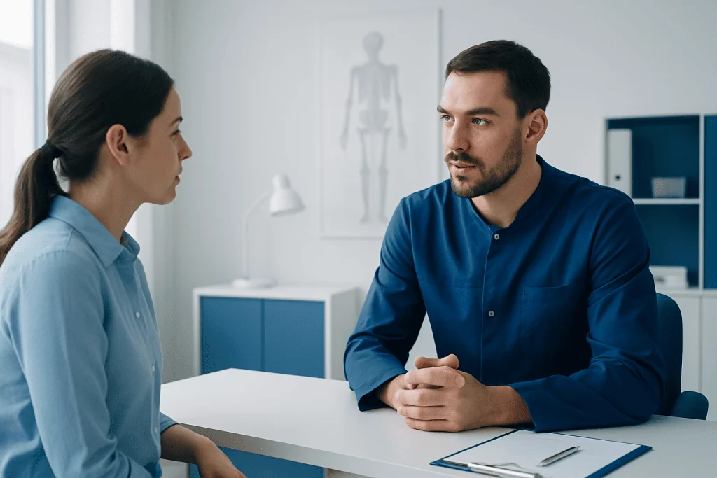 Doctor consulting with a patient in a modern medical office.