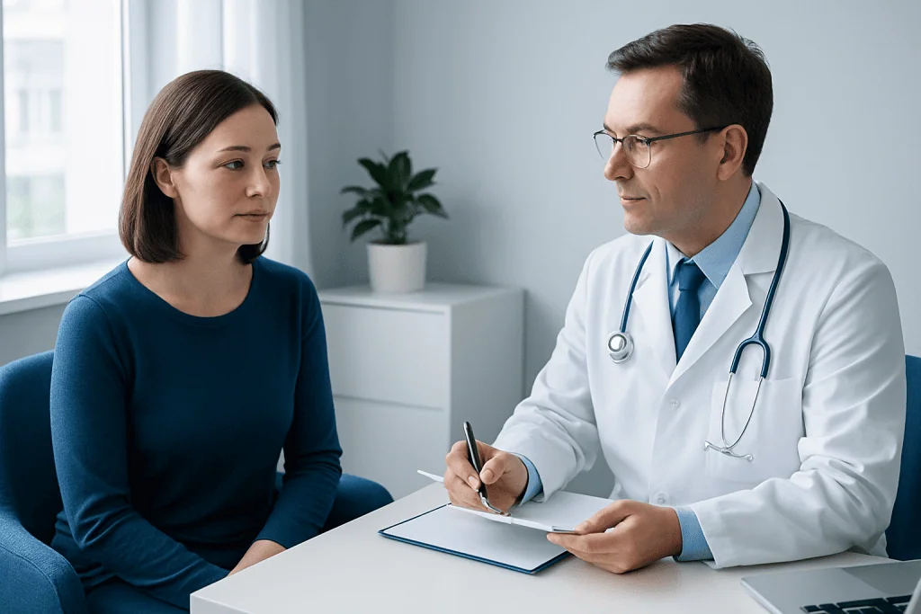 Doctor consulting with a female patient in a modern clinic setting.
