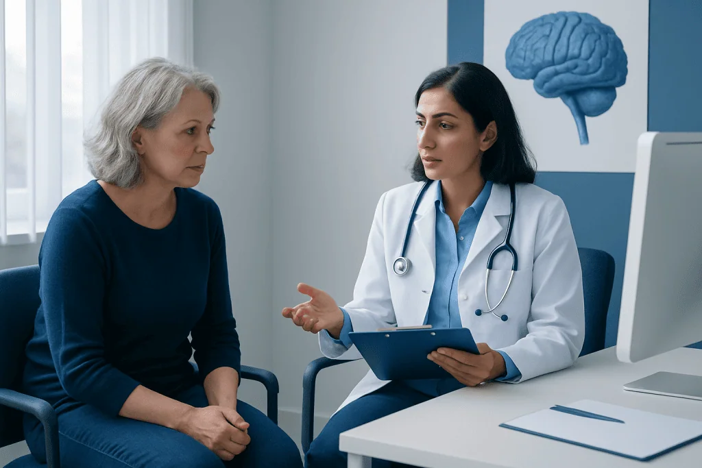 Doctor consulting with a patient in a medical office with brain diagram.