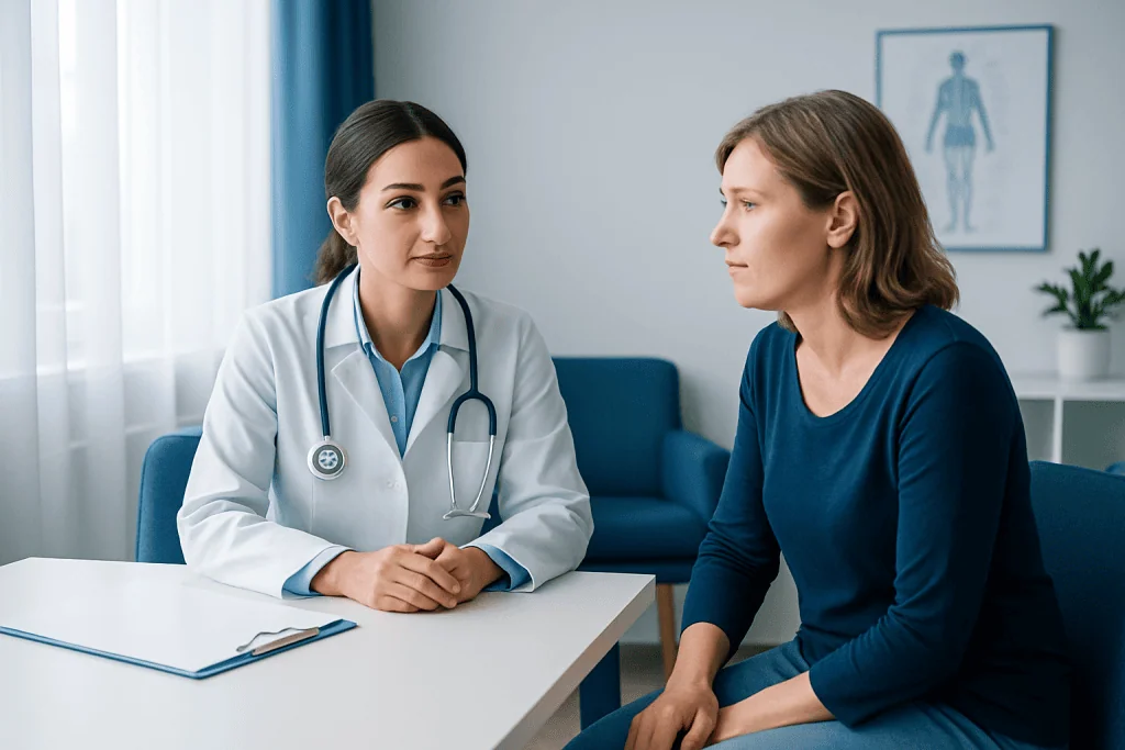 Doctor consulting patient about pain management options in a clinic.