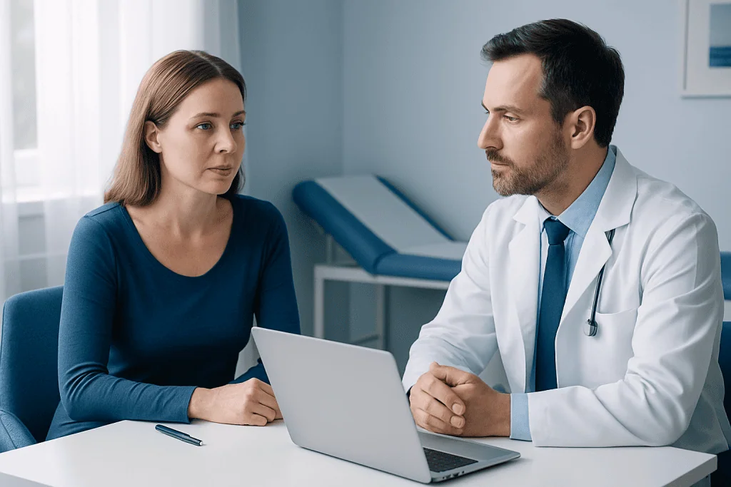 Doctor consulting with a female patient in a medical office setting.
