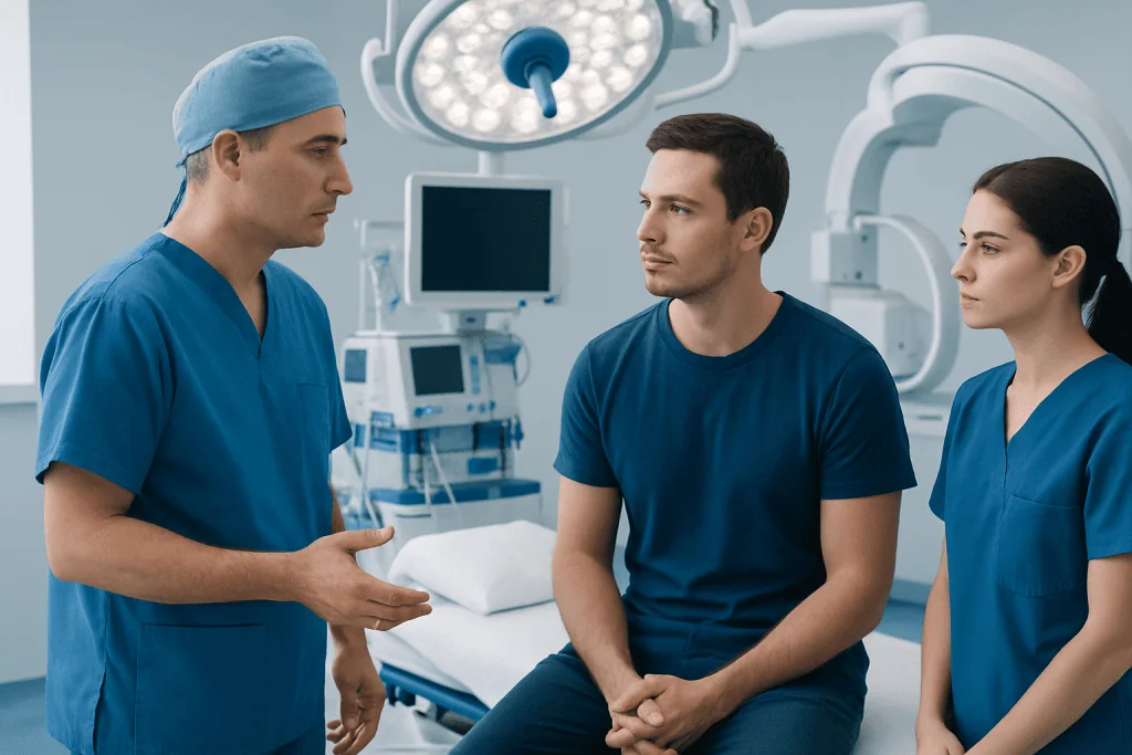 Medical consultation in an operating room with healthcare professionals and patient.