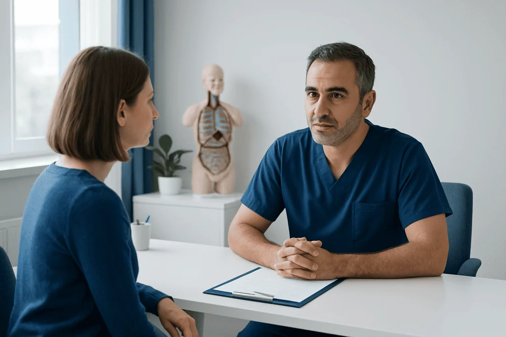 Doctor consulting with patient in a medical office with anatomical model in background.