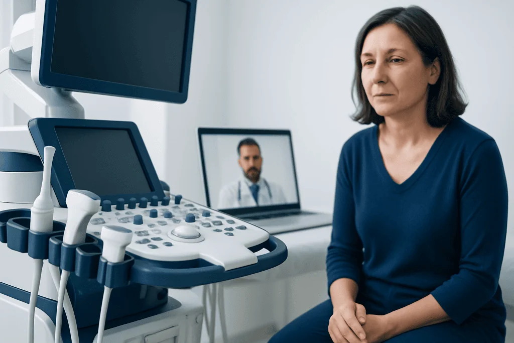 Woman during an online medical consultation with ultrasound equipment nearby.