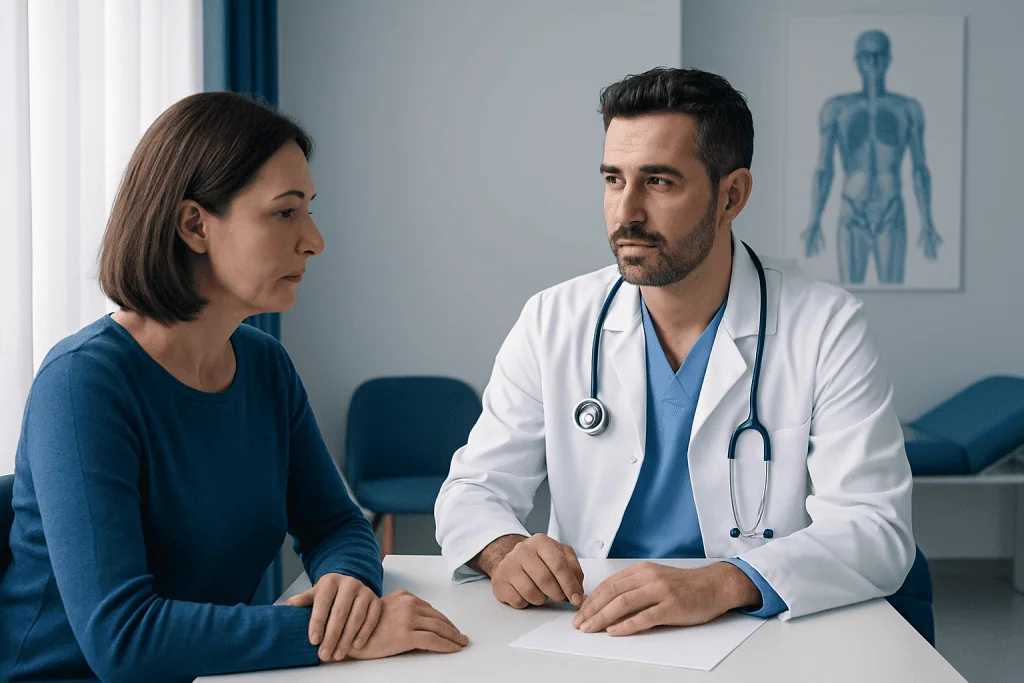Doctor consulting with a female patient in a medical office.