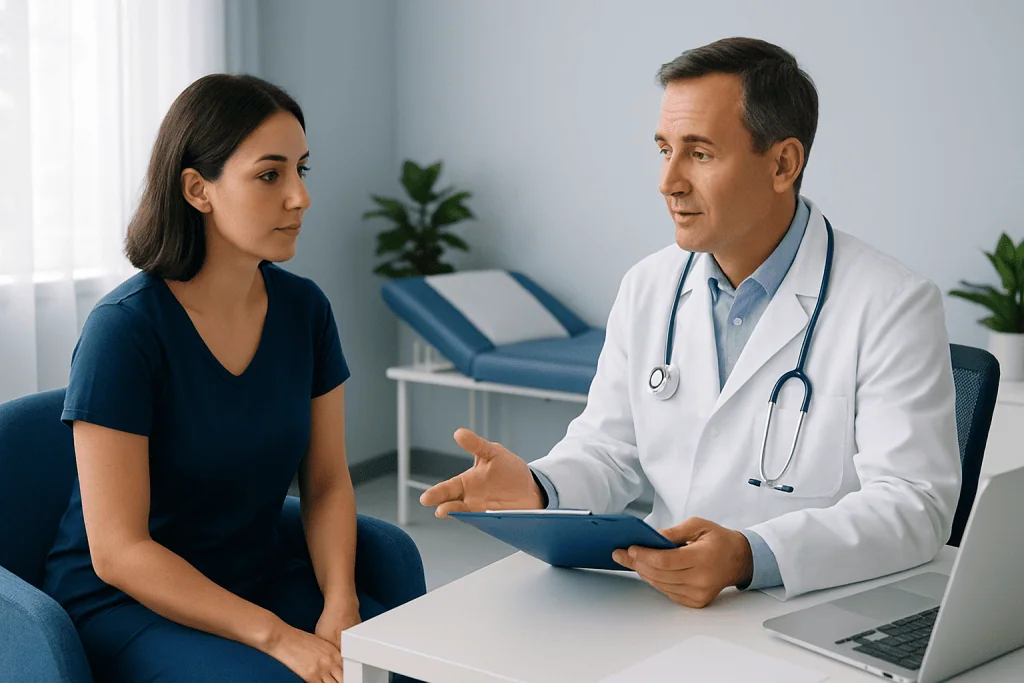 Doctor consulting with a patient in a medical office setting.