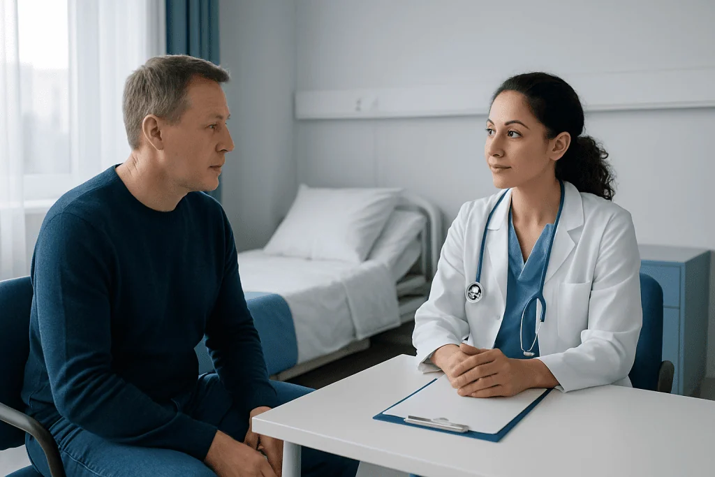 Doctor consulting with male patient in hospital room at Acibadem Hospital.