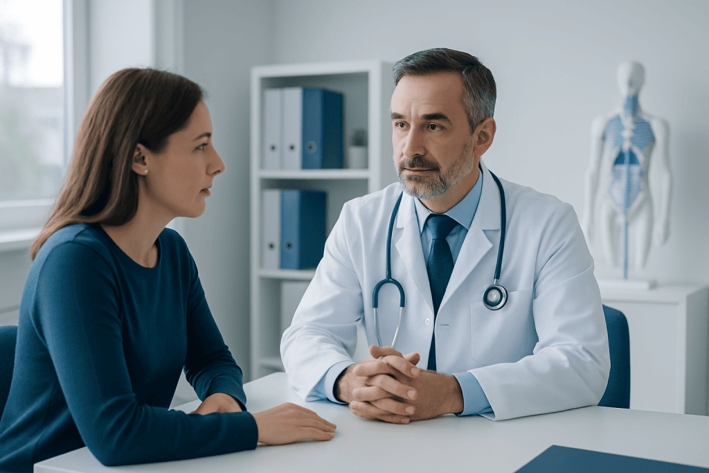 Doctor consulting with a female patient in a modern medical office.