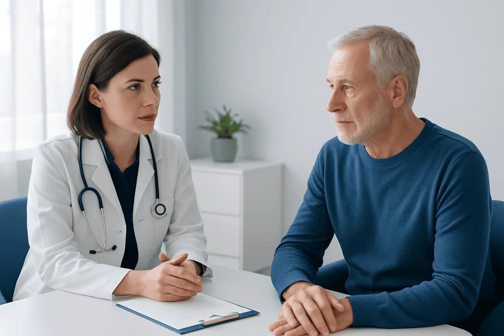 Doctor consulting with an older male patient in a medical office.