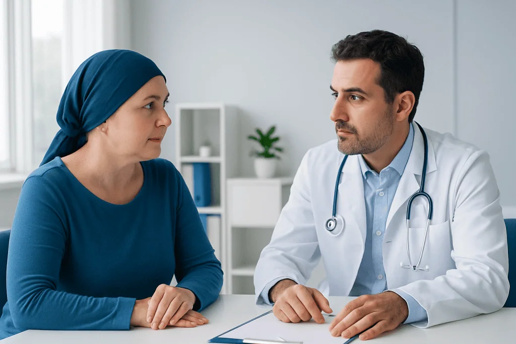 Doctor consulting with a female patient in a medical office.
