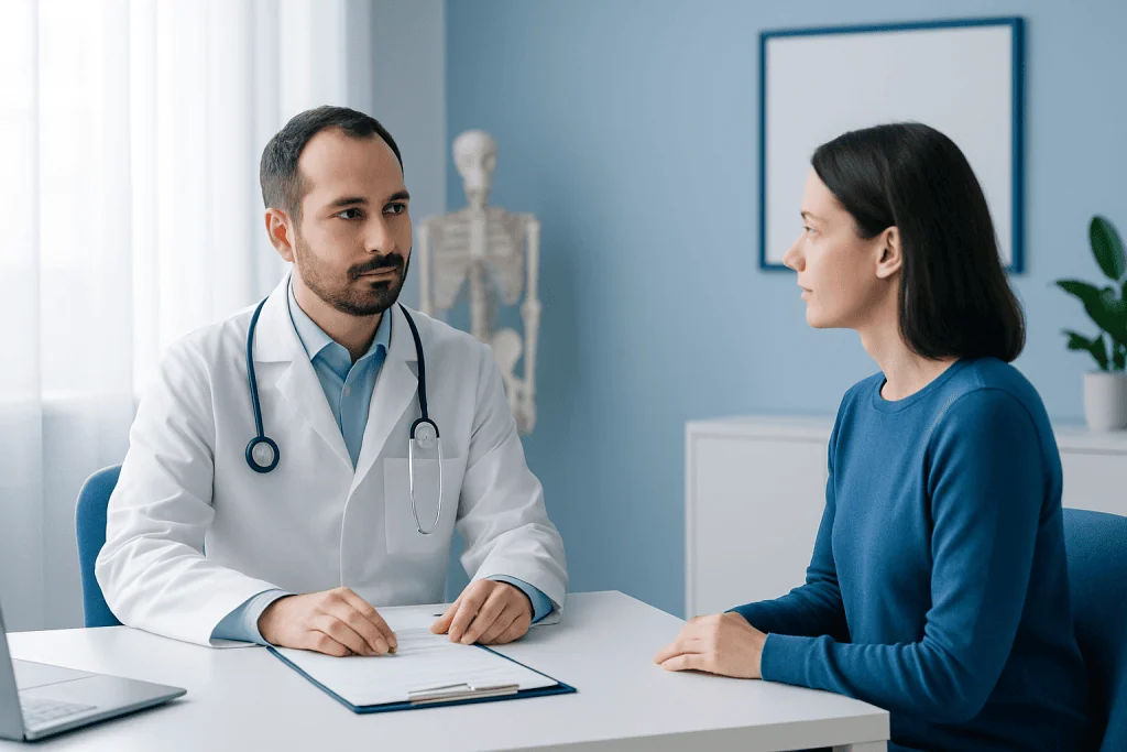 Doctor consulting female patient in a medical office setting.