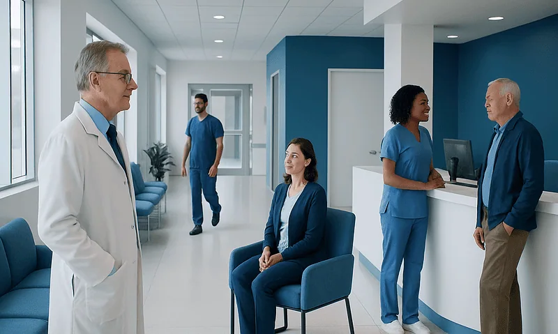 Medical professionals and patient in a hospital reception area.