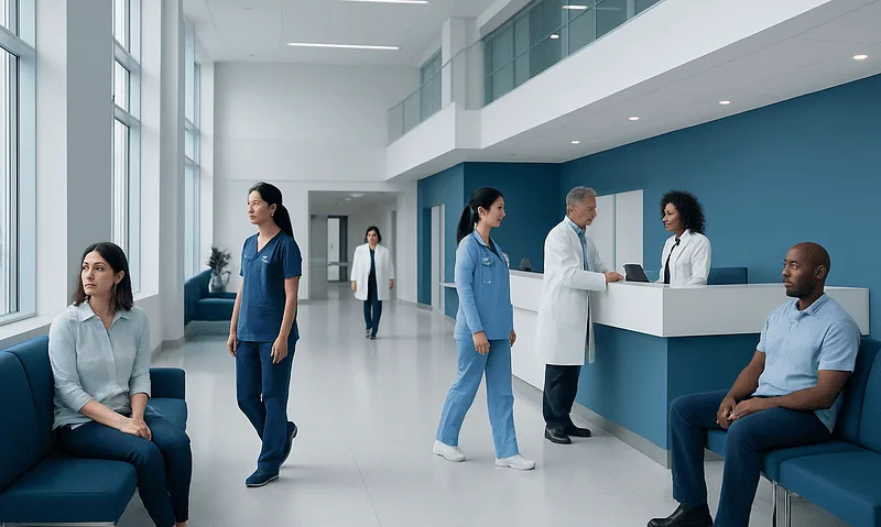 Modern hospital reception area with medical staff and patients.