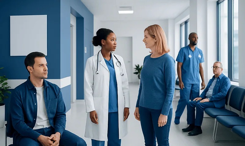 Medical consultation in hospital corridor with diverse healthcare professionals.