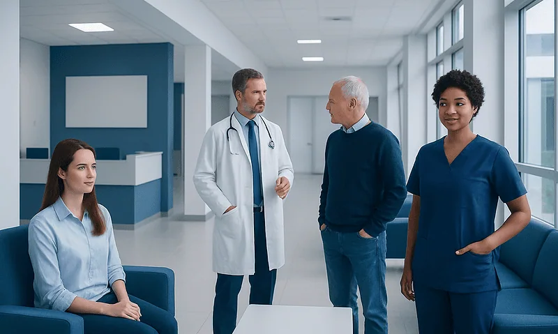 Medical consultation in a modern hospital with doctors and nurses.