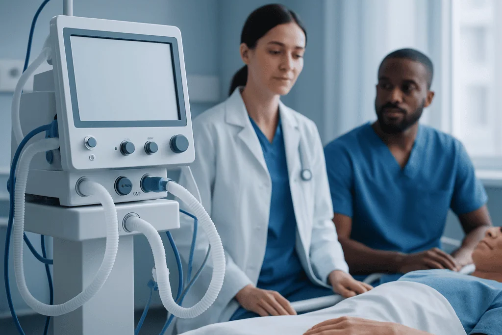 Medical professionals monitoring a patient with ventilator in hospital.