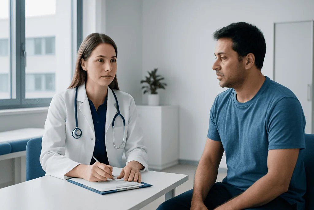 Doctor consulting with a patient in a modern medical office.