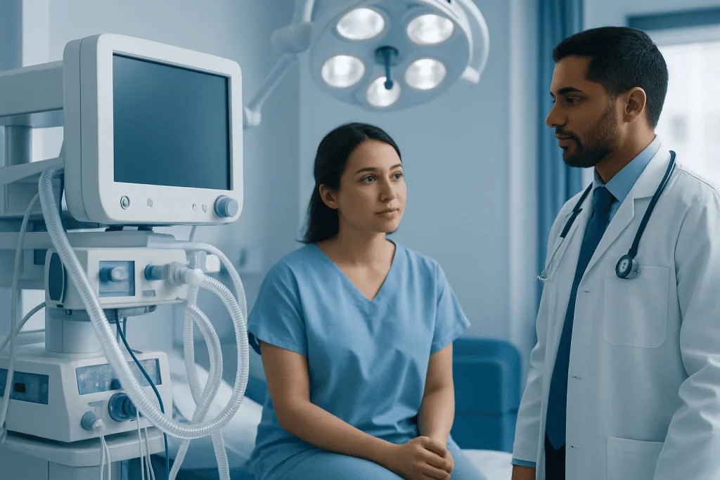 Medical consultation in a hospital with a nurse and doctor discussing patient care.