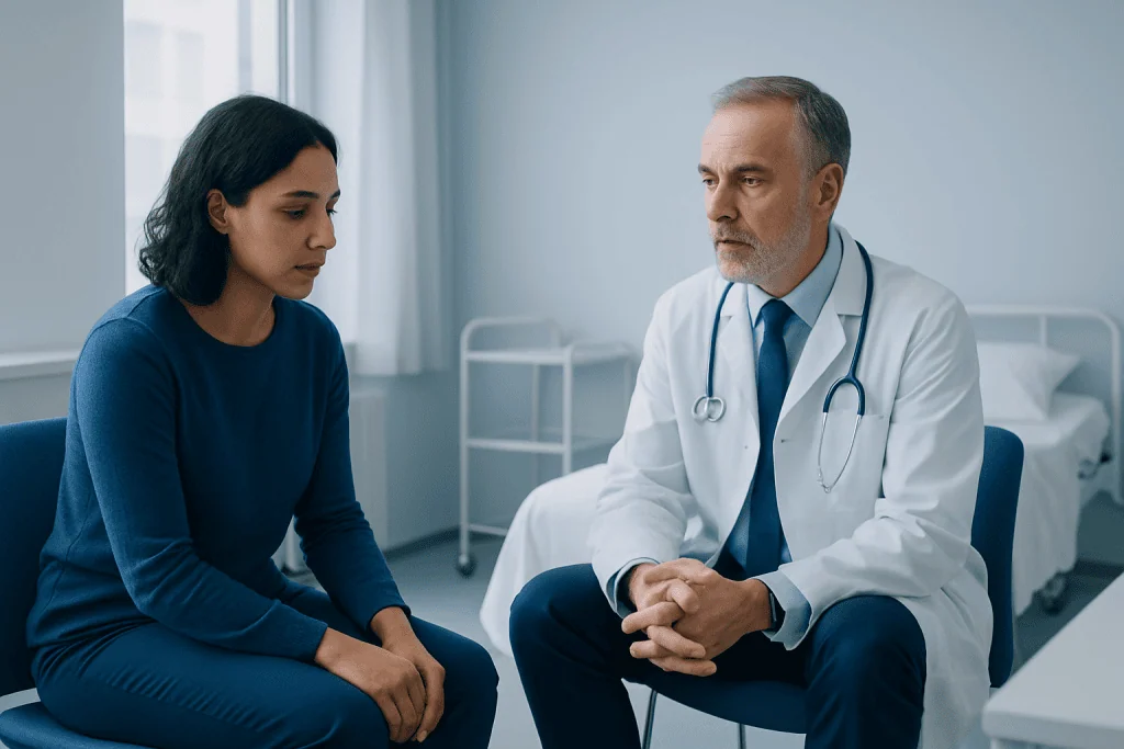 Doctor consulting with a patient in a hospital room.