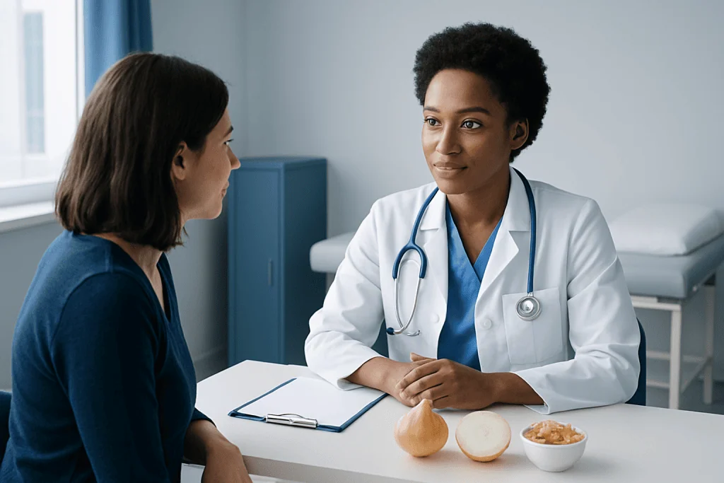 Doctor consulting with a patient in a medical office setting.