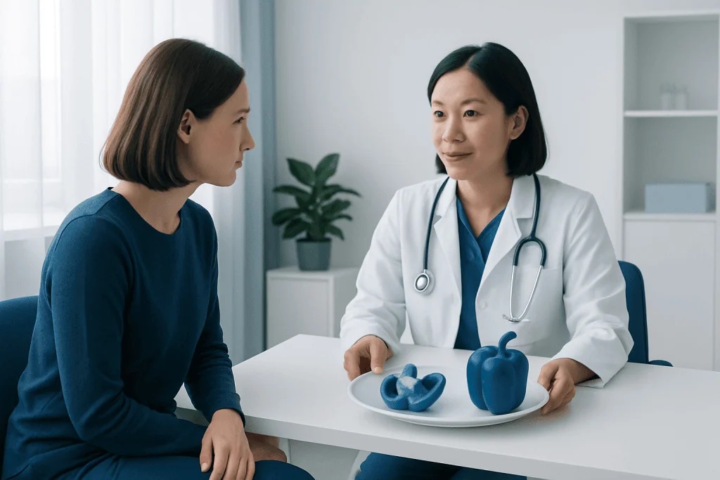 Doctor explaining benefits of bell peppers to patient in a medical consultation.