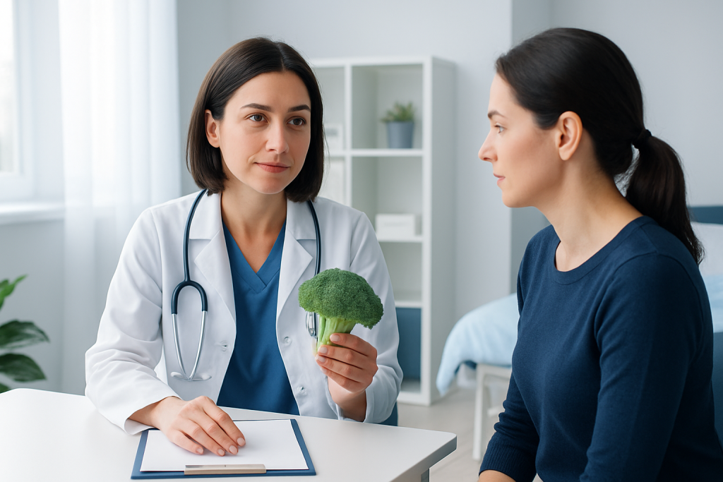 Doctor explaining health benefits of broccoli to patient in clinic.