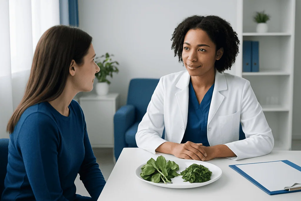 Doctor consulting patient about spinach's health benefits in a clinic.