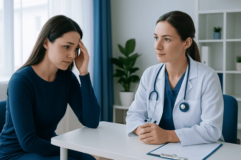 Medical consultation with a female doctor and a worried patient in a clinic.