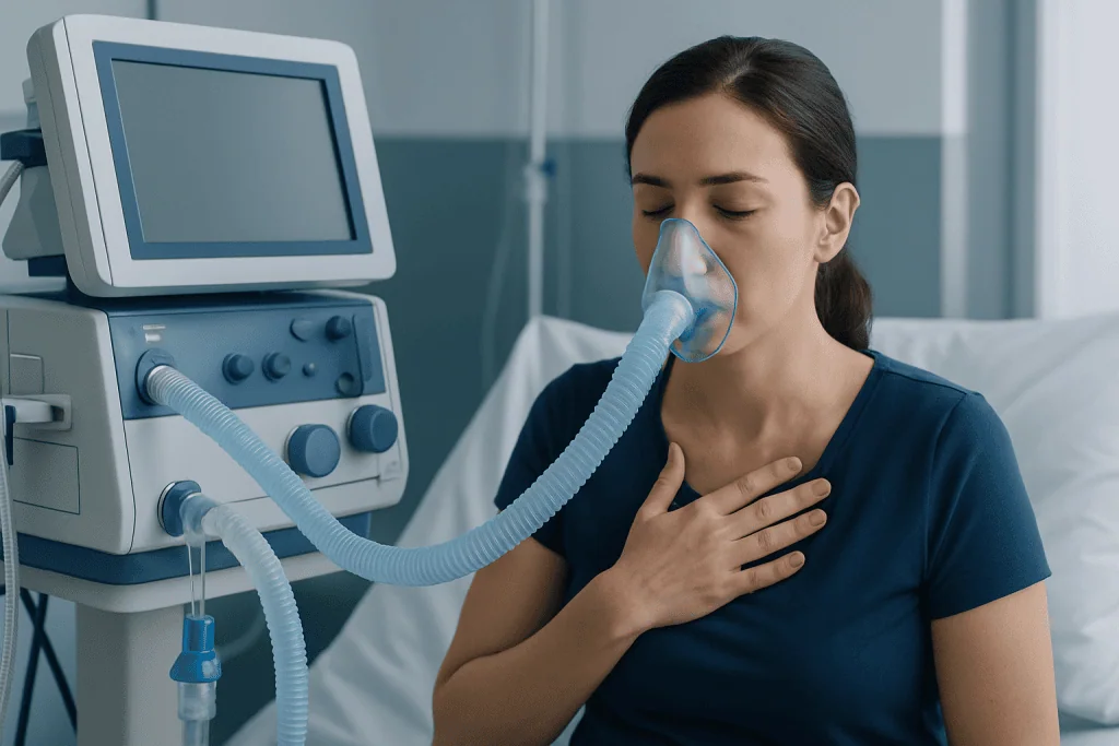 Patient using a breathing mask in a hospital setting for respiratory treatment.