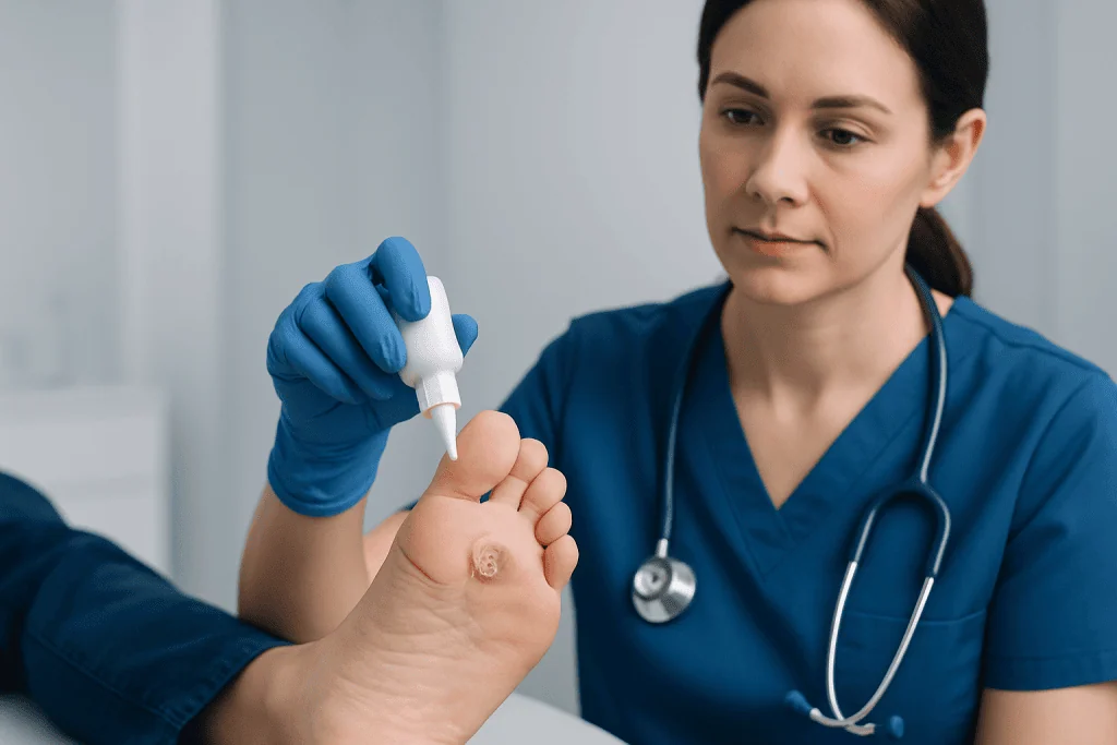 Medical professional treating foot wart with laser device at clinic.