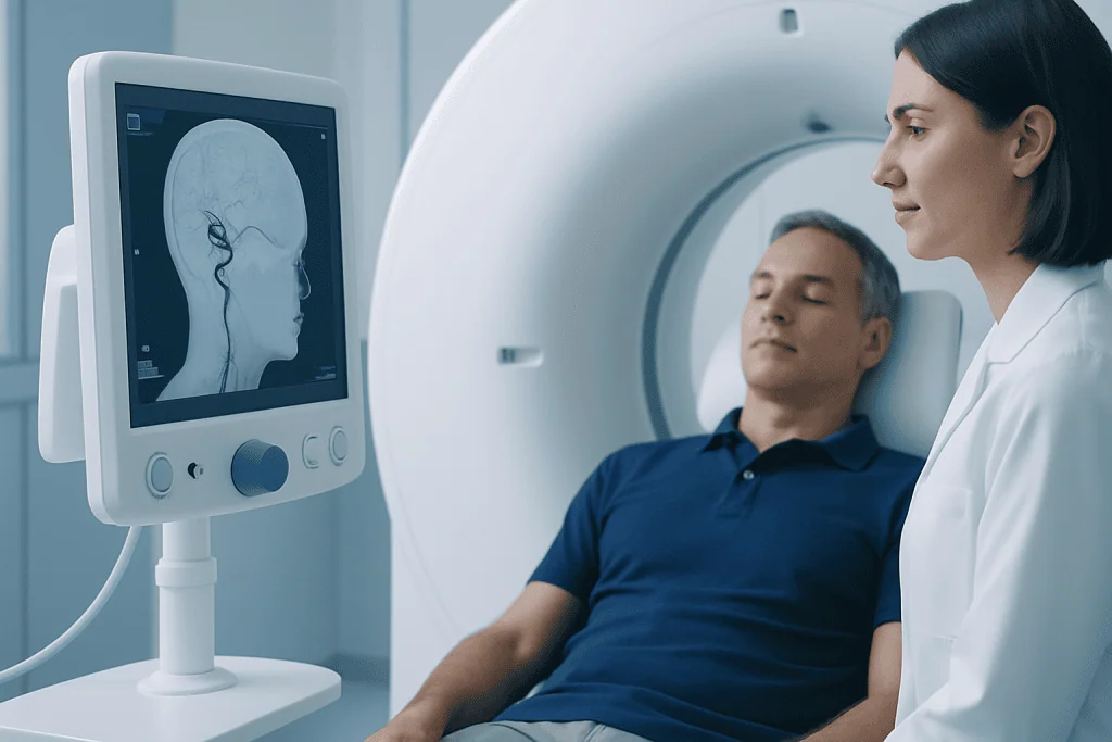 Patient undergoing brain scan at Acibadem Hospital for stroke diagnosis.