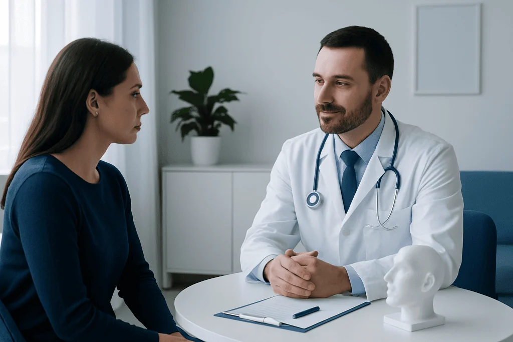 Doctor consulting with a female patient in a modern clinic setting.