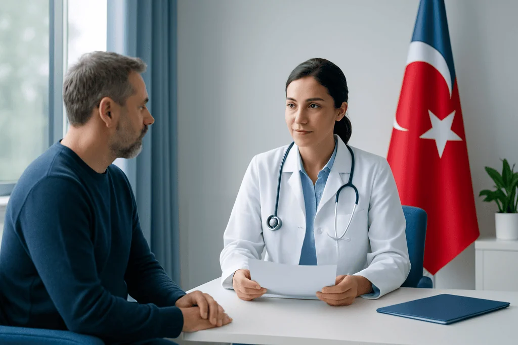 Doctor consulting with patient in a medical office with Turkish flag in background.