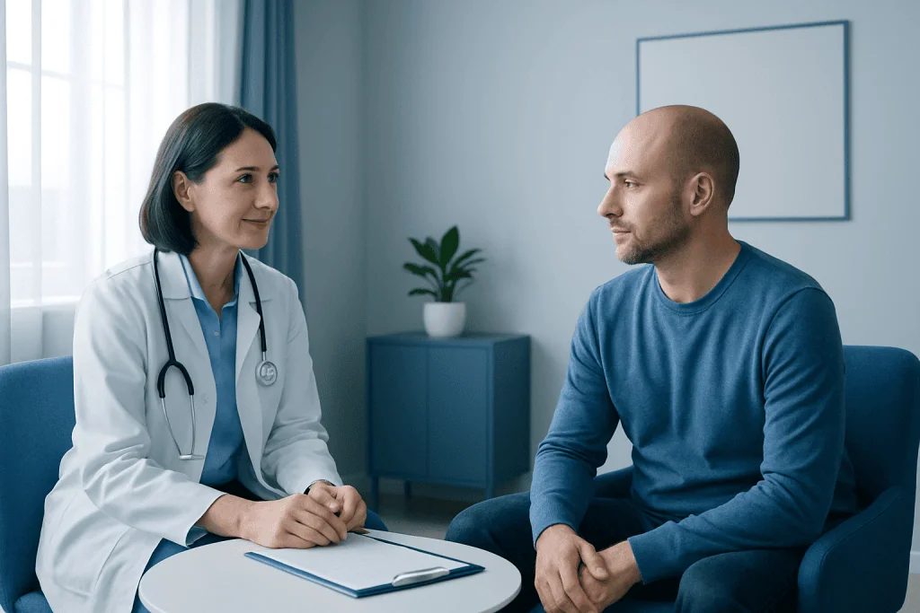 Doctor consulting with patient in a medical office setting.