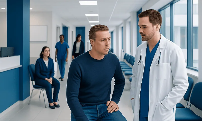 Doctor consulting patient in hospital corridor with staff in background.