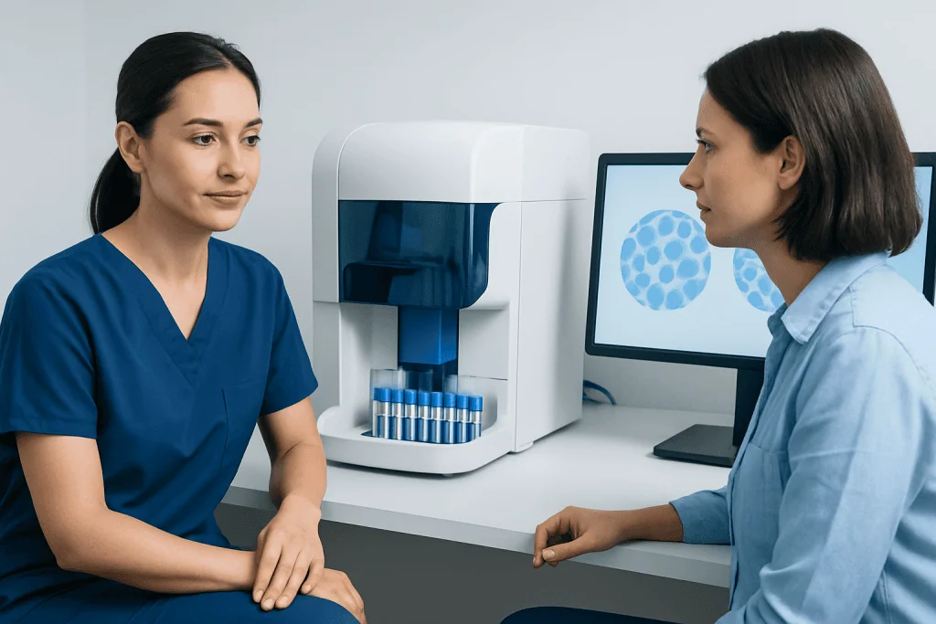 Laboratory technician analyzing blood sample results with automated analyzer.