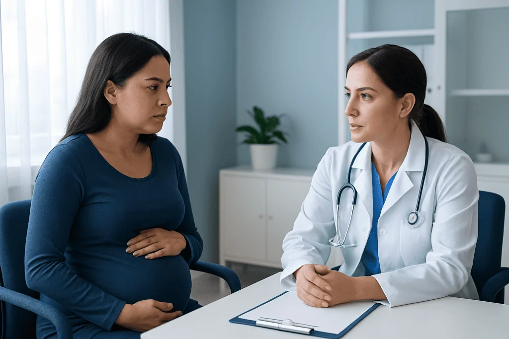 Pregnant woman consulting with a doctor in a medical office.
