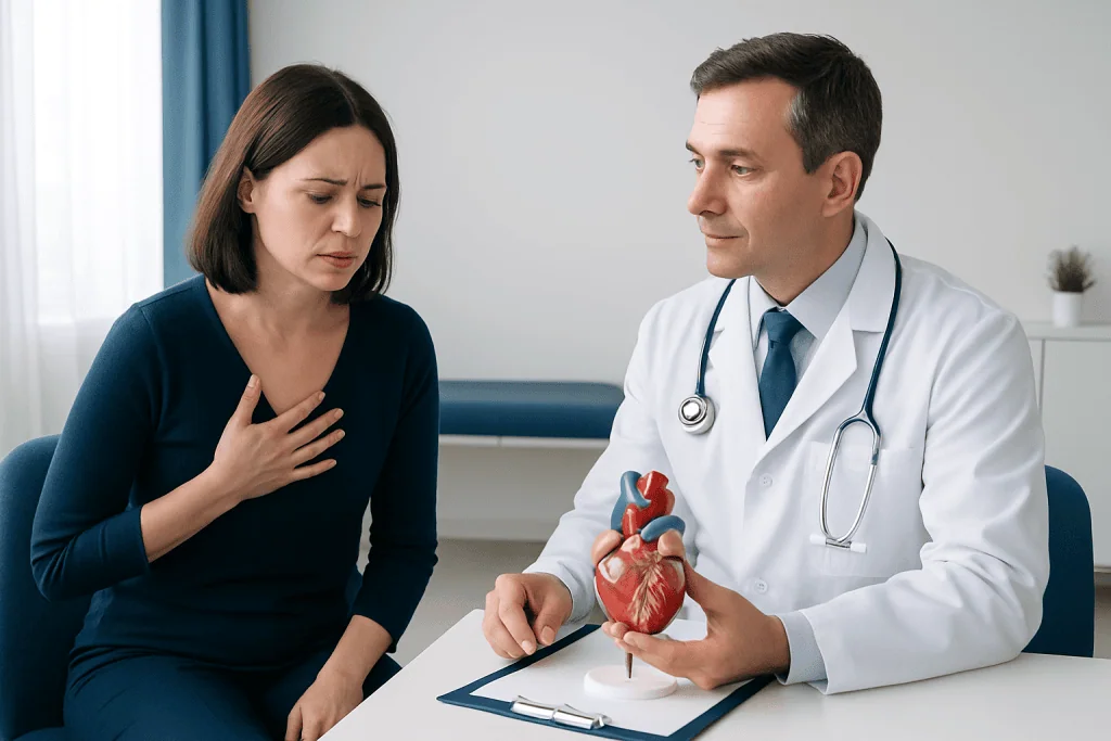 Doctor explaining heart health to a woman patient in a clinic setting.