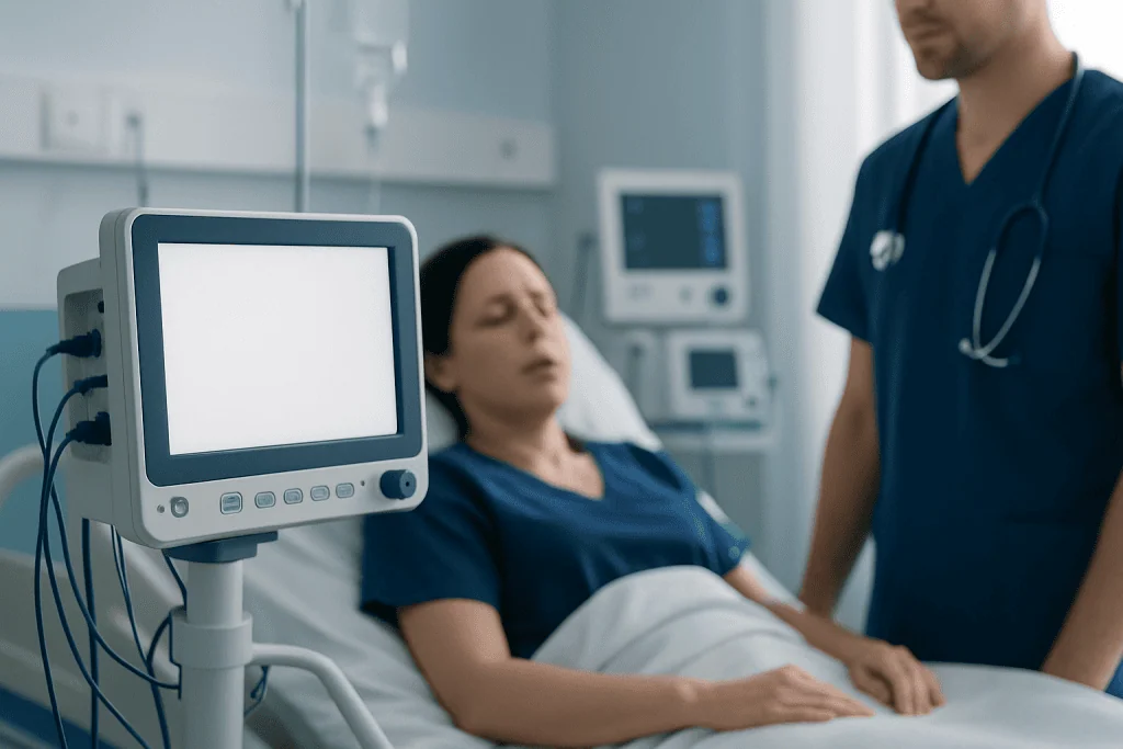 Hospital patient monitor beside a woman in hospital bed with a doctor nearby.