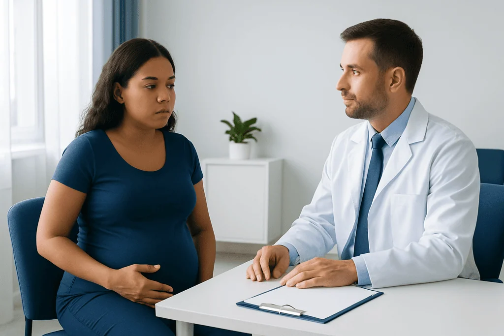Pregnant woman consulting with a doctor in a medical office.