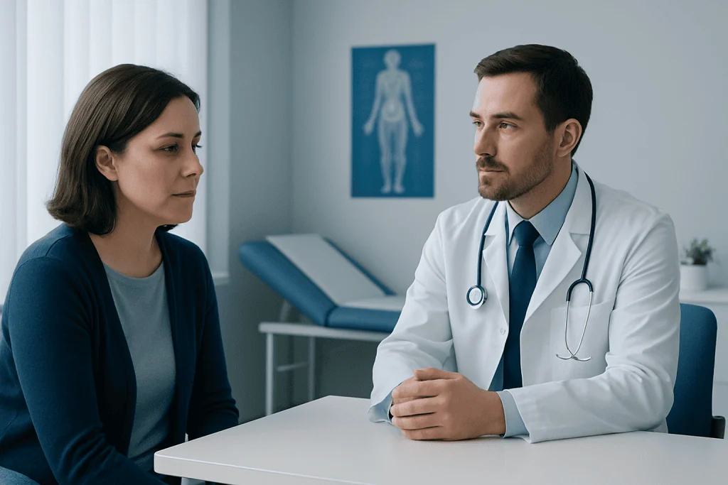 Doctor consulting with a female patient in a medical office.