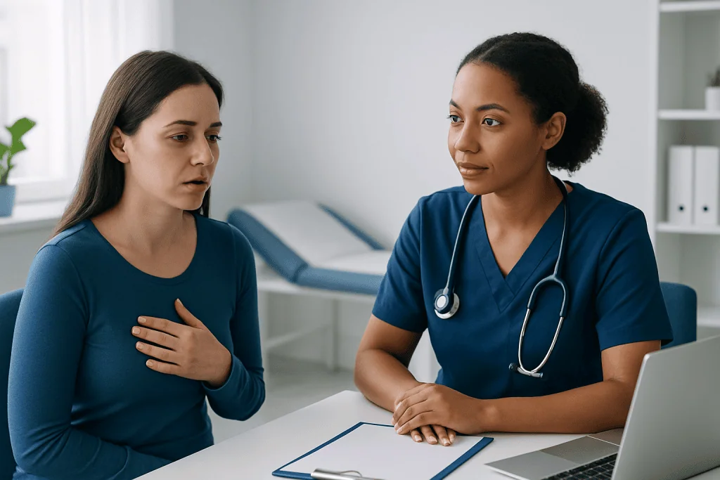 Doctor consulting with a woman patient about STD symptoms.