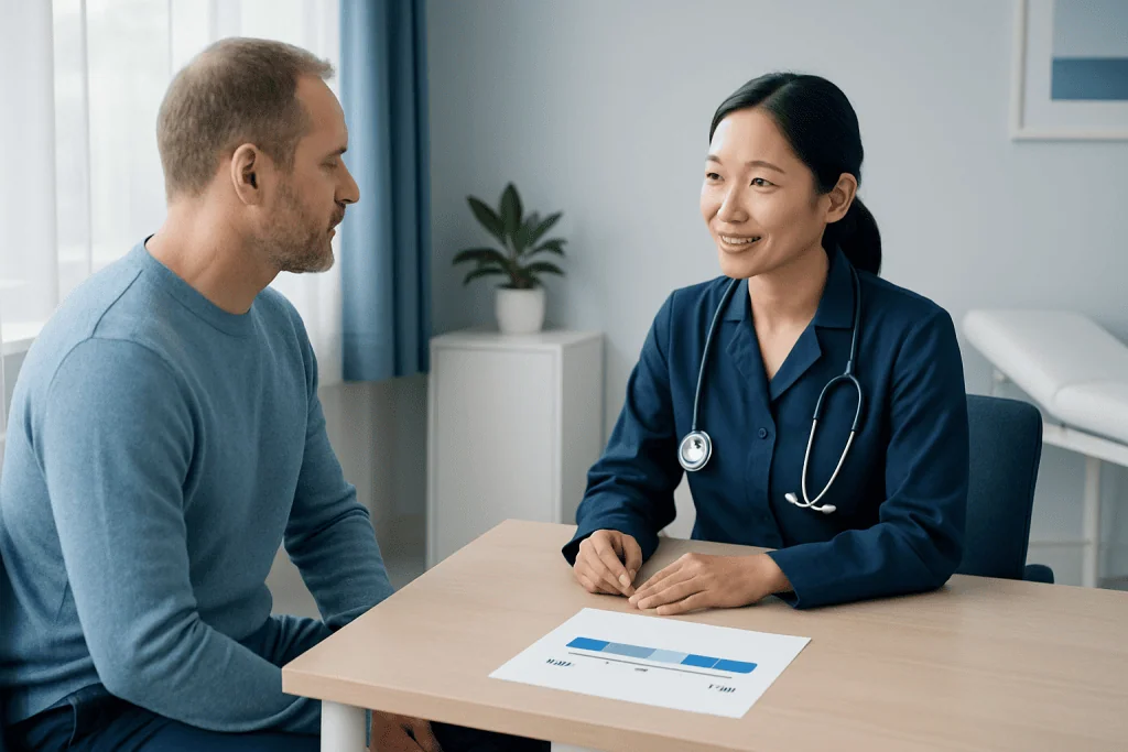 Doctor consulting with patient about blood test results at clinic.