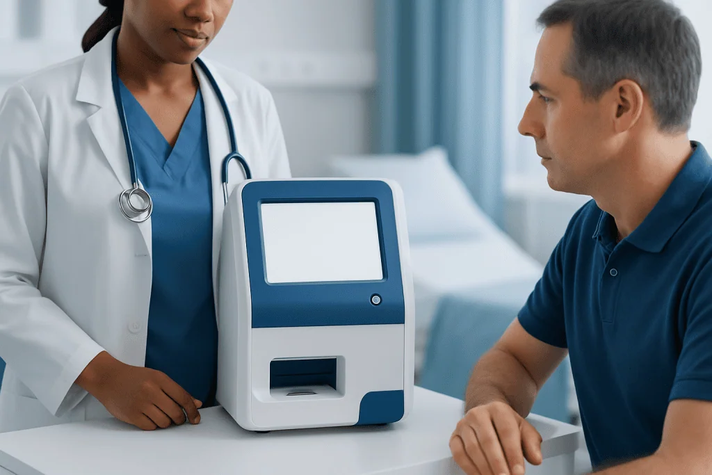Medical professional and patient using eGFR blood test device in clinic.