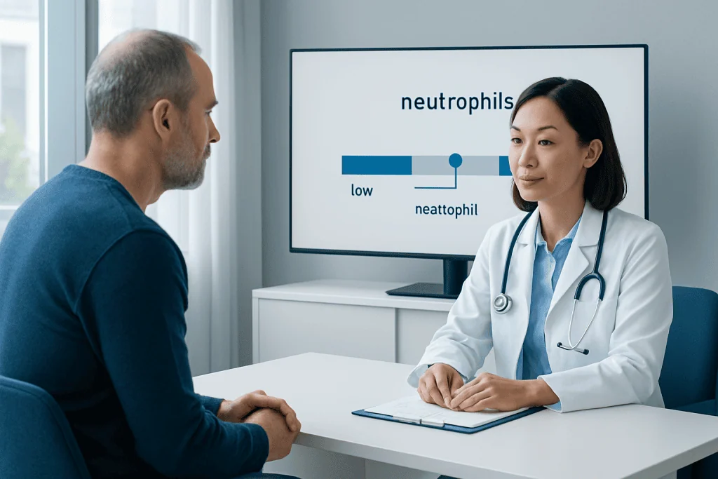 Doctor explains neutrophil blood test results to patient in clinic.