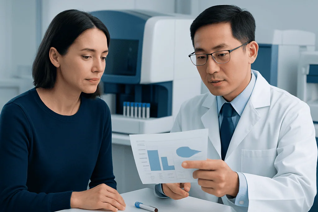 Doctor explaining blood test results to a patient in a laboratory setting.