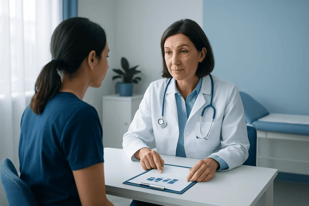 Doctor consulting with patient in a medical office setting.