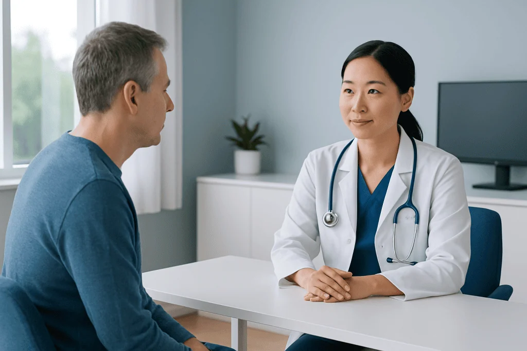 Doctor consulting with a patient in a modern medical office.